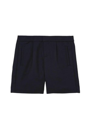 Navyblaue Shorts mit geradem Schnitt, Falten an der Vorderseite und zwei Seitentaschen. Hergestellt aus einem glatten Stoff mit einem elastischen Bund.