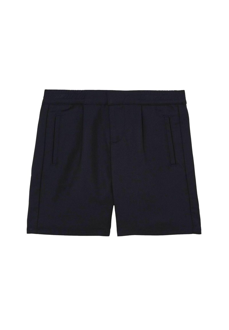 Mørkeblå shorts med lige snit, folder foran og to sidelommer. Fremstillet af et glat stof med elastisk talje.