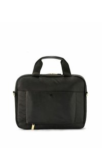 Czarna torba na laptopa z tkaniny, z podwójnymi uchwytami u góry, złotym zamkiem błyskawicznym, przednią kieszenią, prostokątnym kształtem i gładką fakturą.