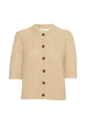 Beige kurzärmelige Strickjacke aus strukturiertem Material mit rundem Ausschnitt und sechs dunklen Knöpfen auf der Vorderseite.