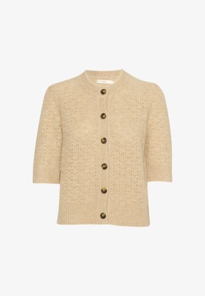 Bēšs īsām piedurknēm kardigāns, izgatavots no teksturēta adījuma, ar apaļu dekoltē un sešām tumšām pogām priekšpusē.