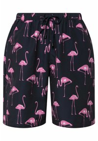 Costume da bagno blu navy con stampa di fenicotteri rosa, cintura elastica e chiusura con lacci neri.