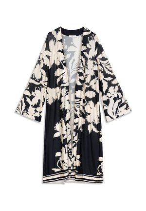 Kimono floral noir et beige avec manches larges, devant ouvert, bordure noire et design fluide. Présente de grandes impressions botaniques et une texture douce.