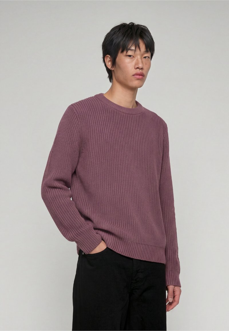 Jeune homme aux cheveux noirs portant un pull en maille mauve et un pantalon noir, debout avec une main dans la poche sur un fond uni.