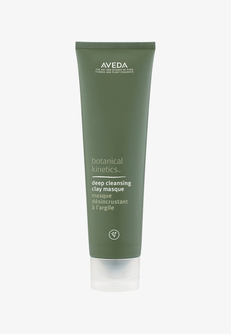 Groene tube van Aveda Botanical Kinetics Deep Cleansing Clay Masque met witte tekst en een transparante dop, voorzien van een bloemicoon.