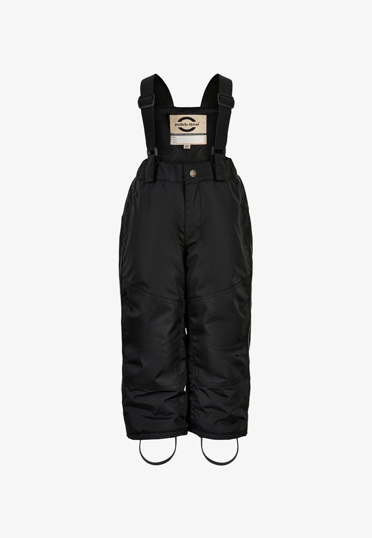 Zwarte waterdichte sneeuwbroeken met verstelbare schouderbanden, een knoopmaat en elastische voetlussen voor een perfecte pasvorm. Gemaakt van duurzaam materiaal.