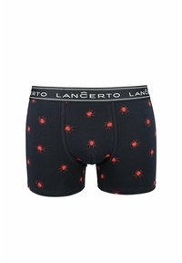 Czarne bokserki z powtarzającym się wzorem małych czerwonych pająków. Miękki materiał z elastyczną czarną talią ozdobioną napisem "LANCERTO".
