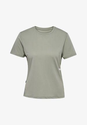 Jasnozielona koszulka sportowa z krótkim rękawem i okrągłym dekoltem, wykonana z oddychającego materiału, prezentująca się z przodu na białym tle.