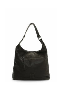 Bolso de hombro de tela negra con un acabado texturizado, que cuenta con un bolsillo delantero con cremallera, una correa ancha y una forma ligeramente caída.