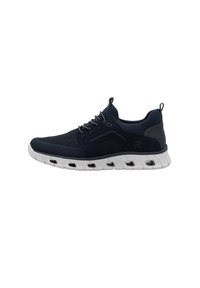 Scarpe sportive blu navy con tomaia in rete, dettagli testurizzati, suola bianca spessa e lacci neri. Presentano un passante sul tallone per una maggiore praticità.