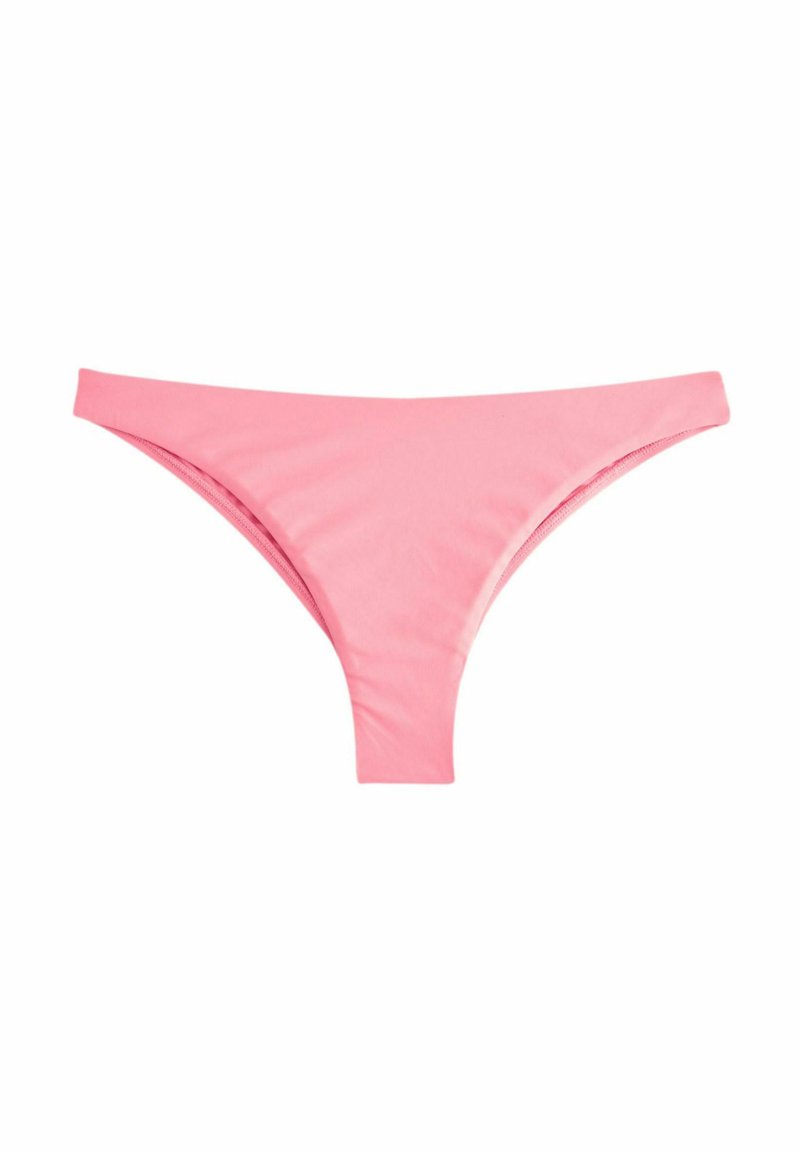 Roza bikini spodnji del je izdelan iz gladkega, elastičnega materiala s klasičnim nizkim krojem in minimalno pokritostjo. Brez dodatnih vzorcev ali poudarkov.