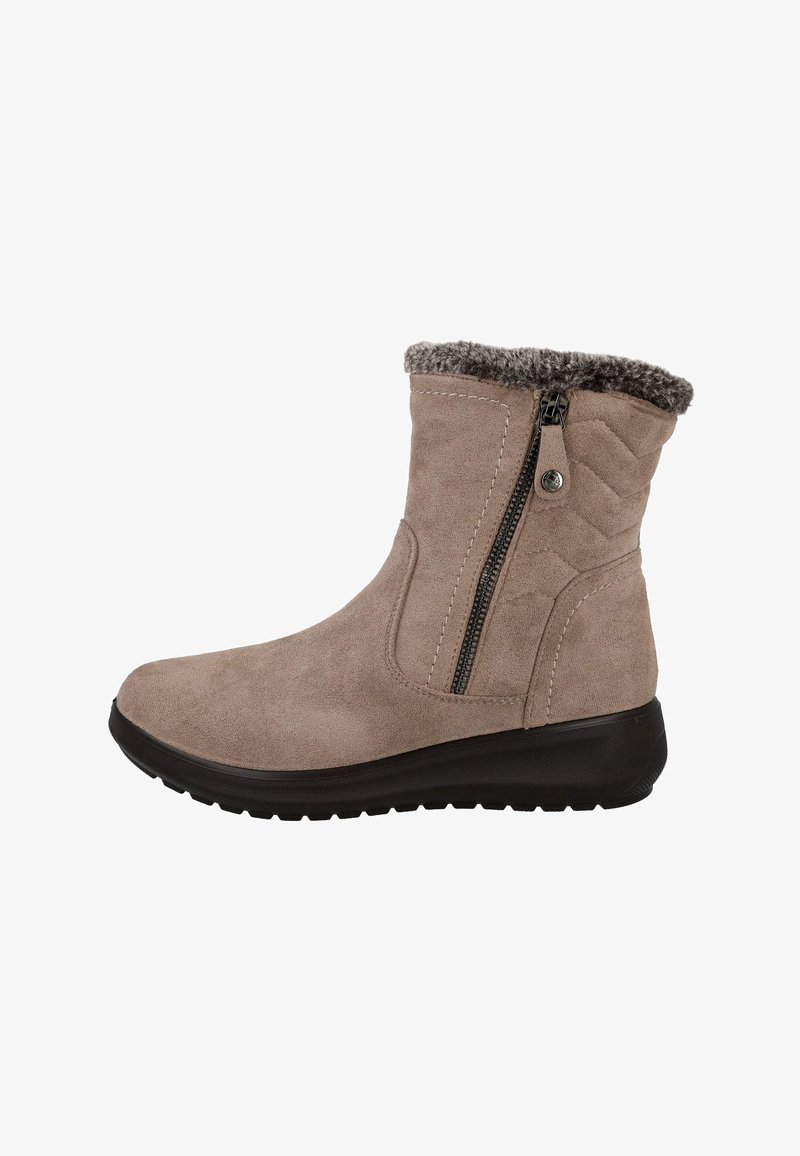 Botín de ante topo con suela de goma negra, cremallera lateral y forro de piel sintética gris alrededor del borde superior.