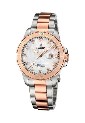 Festina-Quarzuhr mit Armband aus roségold- und silberfarbenem Metall, Perlmuttzifferblatt, Diamant-Stundenmarkierungen, Datumsanzeige und drehbarer Lünette.