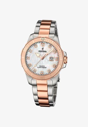 Montre-bracelet Festina à quartz avec bracelet en métal bicolore or rose et argent, cadran en nacre, index en diamants, guichet de date et lunette tournante.