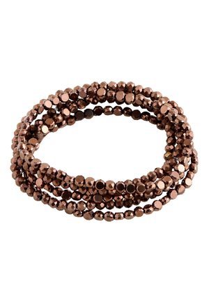 Brown metallic faceted beads strung together in a multi-layered, circular bracelet on a white background.