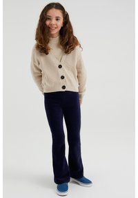 Cardigan bej tricotat cu nasturi negri, asortat cu pantaloni evazați din catifea albastră și pantofi albaștri, stând pe un fundal neutru.