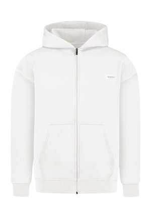 Hvid zip-up hoodie med frontlommer, ribbede manchetter og kant samt et lille rektangulært mærkelabel på venstre bryst.