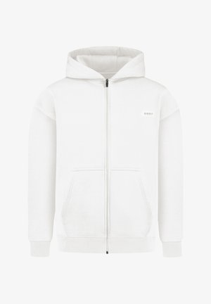 Witte rits hoodie met voorzakken, ribgebreide manchetten en zoom, en een klein rechthoekig merkteken op de linkerborst.