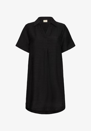 Must muströöp, lühikeste varrukate ja kraega kleit, V-kujulise kaeluse ja hubase lõikega. Tekstureeritud kangas, keskmise pikkusega ja külgsuunalised lõhikud.