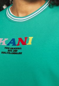 Primo piano di una maglietta verde acqua con colletto a righe bianche e la scritta multicolore "KANI" con del testo nero più piccolo sottostante sul petto.
