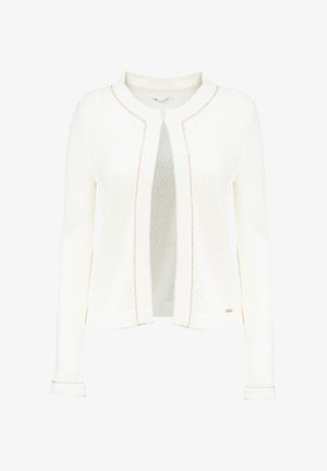 Hvid strik cardigan med et tekstureret design, åben front og lange ærmer med kontrasterende guldstikninger langs kanterne.