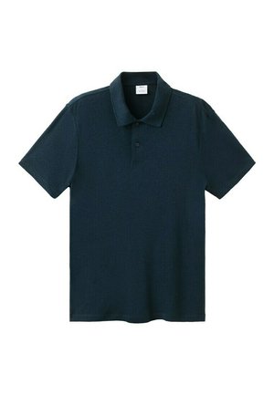 Polo a maniche corte di colore blu navy scuro con due bottoni e collo classico, distesa su uno sfondo bianco.