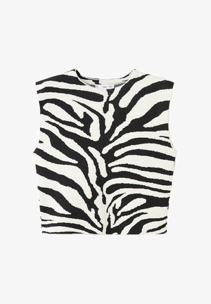 Top scurt fără mâneci cu model de zebră în alb și negru și decolteu rotund.