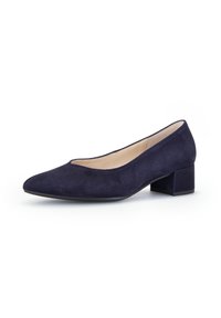 Marineblauwe suède pump met een spitse neus, lage blokhak en een gladde binnenkant. Heeft een strak ontwerp zonder extra hardware of accenten.
