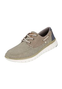 Zapato de lona color beige claro con acentos grises y marinos, cierre con cordones, detalles de costura y suela flexible de goma blanca.