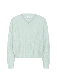 Ljusblå kabelstickad tröja med V-hals, långa ärmar och ribbade muddar och nederkant.