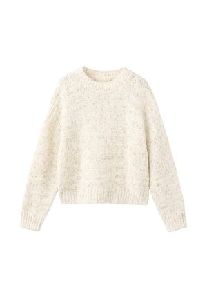 Maglione lavorato a maglia grossa color crema, con scollo arrotondato, maniche lunghe e orlo a coste. Motivo testurizzato con macchie di colore più scuro.