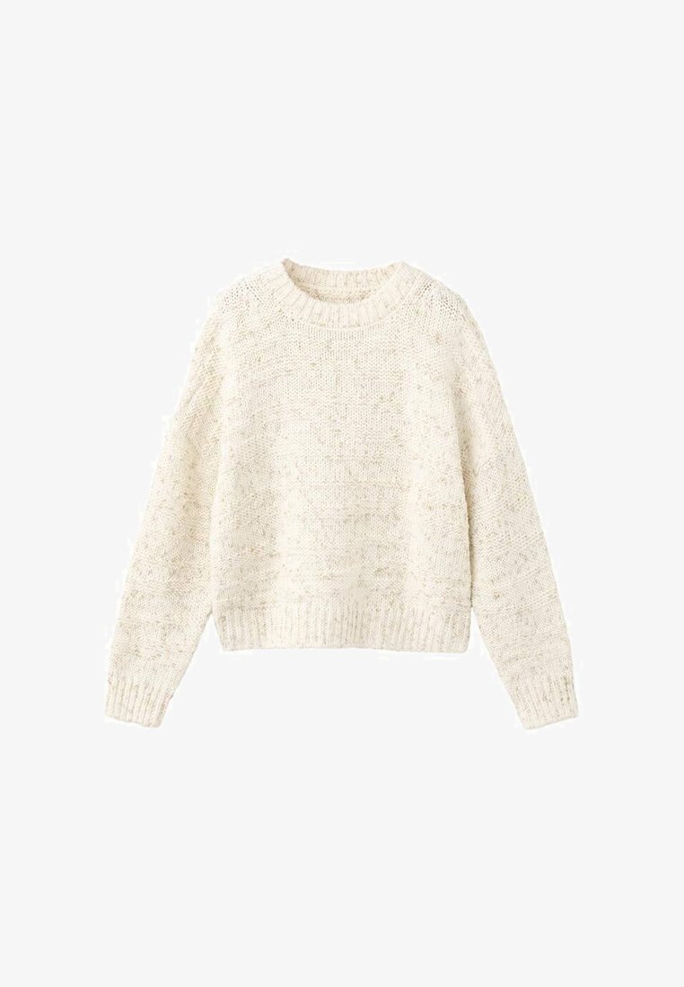 Debel pleten pulover v kremni barvi z okroglim izrezom, dolgimi rokavi in elastičnim robom. Vzorec z teksturo in pikami temnejše barve.