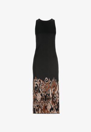 Black sleeveless midi dress with high neckline, featuring abstract brown and beige patterned design on the lower half.