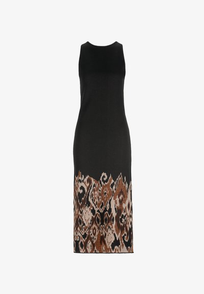 Čierne midi šaty bez rukávov s vysokým výstrihom, so vzorom abstraktných hnedých a béžových motívov na spodnej polovici.