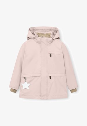 Veste à capuche enfant rose clair avec poches zippées, poignets intérieurs beige et tirette de zip blanche en forme d’étoile sur la poche inférieure gauche.
