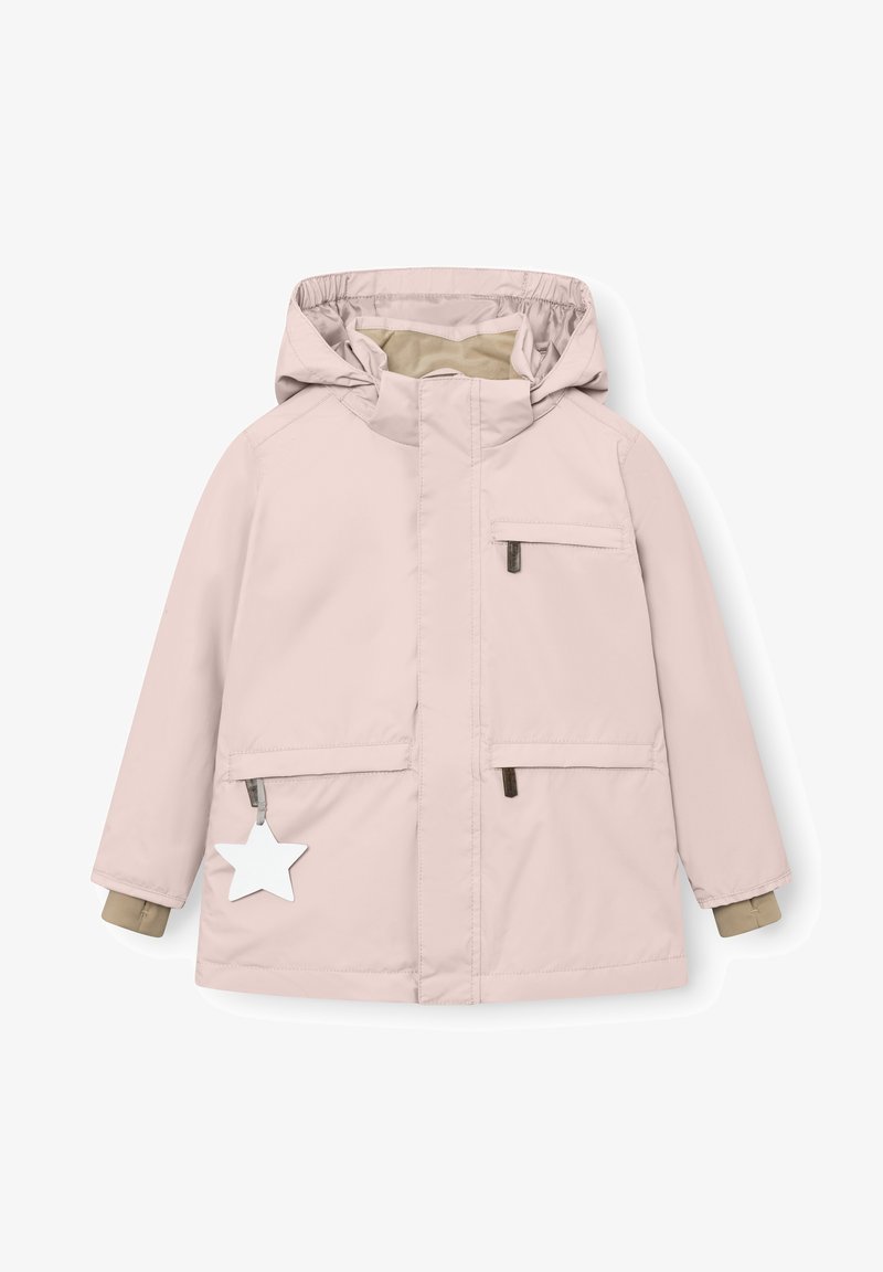 Lichtroze kinderjas met capuchon en ritssluitingzakken, beige binnenboorden en een witte stervormige ritssluiting aan de linkeronderzak.