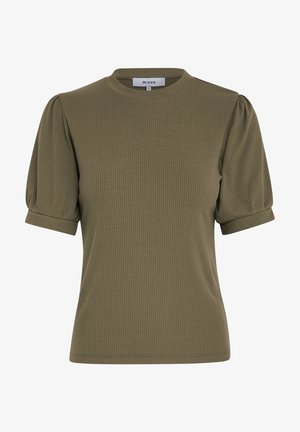 Oliivinvihreä ribattu neulepaita, jossa on pyöreä kaula-aukko, lyhyet puff-hihat ja slim fit -leikkaus. Ompeleet helman ja hihansuiden kohdalla.