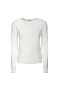 Maglione bianco lavorato a maglia con maniche lunghe, caratterizzato da un motivo zigzag testurizzato sul davanti e un orlo a coste. Design classico con scollatura a girocollo.