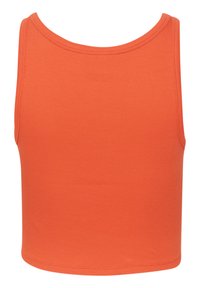 Top a maniche corte arancione a costine con scollatura arrotondata e design senza maniche. Presenta una silhouette aderente e cuciture pulite lungo i bordi.