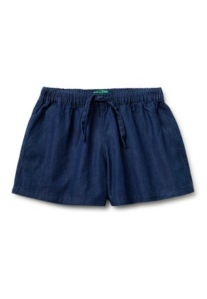 Short en denim bleu foncé avec taille élastique et cordon, dotée de poches latérales et d'une coupe décontractée.