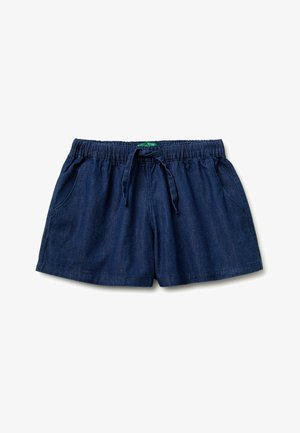 Donkerblauwe denim shorts met elastische tailleband en trekkoord, voorzien van zijzakken en een ontspannen pasvorm.