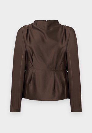 Hnedá saténová blúzka s vysokým golierom, dlhými rukávmi a peplum detailom. Obsahuje skrytý zips na zadnej strane a hladkú textúru.