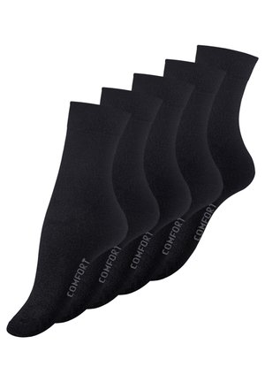 Black ankle socks in a five-pack, crafted from a smooth, stretchy material, featuring a "COMFORT" label on the side.