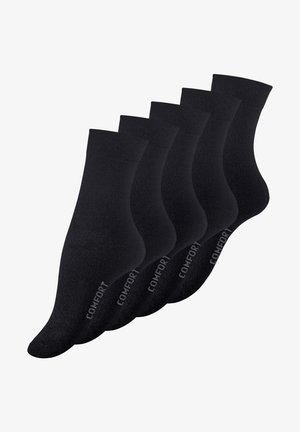 Black ankle socks in a five-pack, crafted from a smooth, stretchy material, featuring a "COMFORT" label on the side.