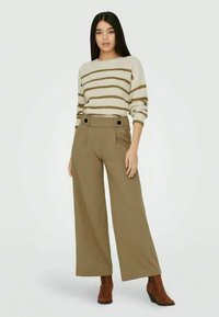 Nő, aki krémszínű és barna csíkos pulóvert, magas derekú, széles szárú khaki nadrágot és barna bokacsizmát visel, egyszerű háttér előtt áll.