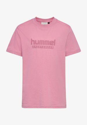 Roze t-shirt met korte mouwen van katoen met een ronde hals, voorzien van een gestructureerd "hummel SPORTSWEAR" logo in het midden.