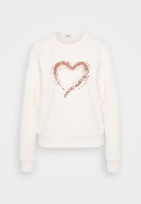 Hvit sweatshirt med et rosagullfarget paljetthjerte-design på forsiden, rund hals, og ribbede mansjetter og hem.