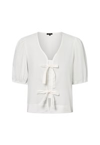 Weißes, kurz geschnittenes Blusenshirt mit Puffärmeln, tiefem V-Ausschnitt und vorderen Bindebändern. Leichtes Material mit glatter Textur und einfachem Design.