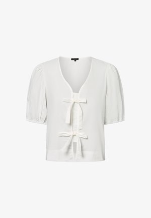 White cropped blouse with puff sleeves, deep V-neck, and front ties. Lightweight fabric with a smooth texture and simple design.