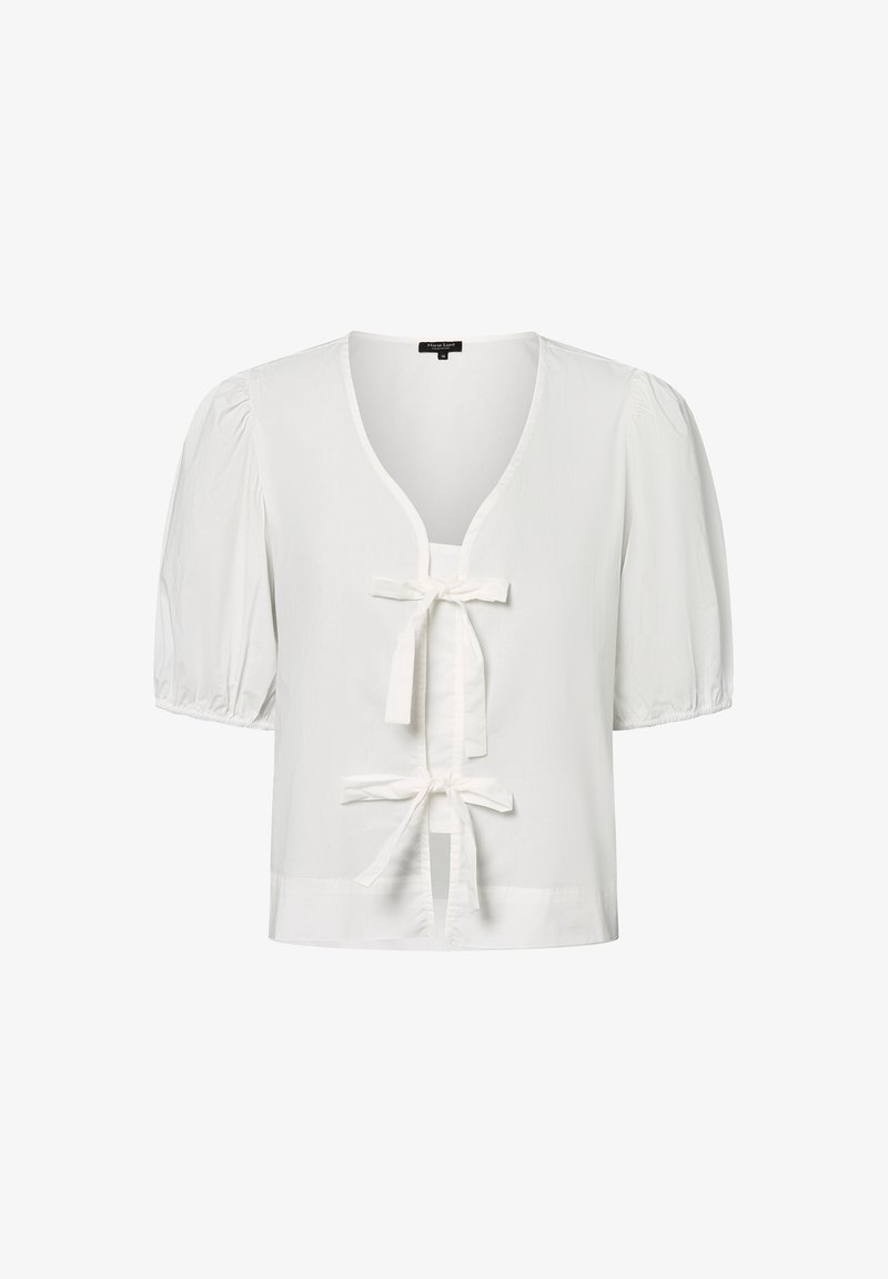 White cropped blouse with puff sleeves, deep V-neck, and front ties. Lightweight fabric with a smooth texture and simple design.